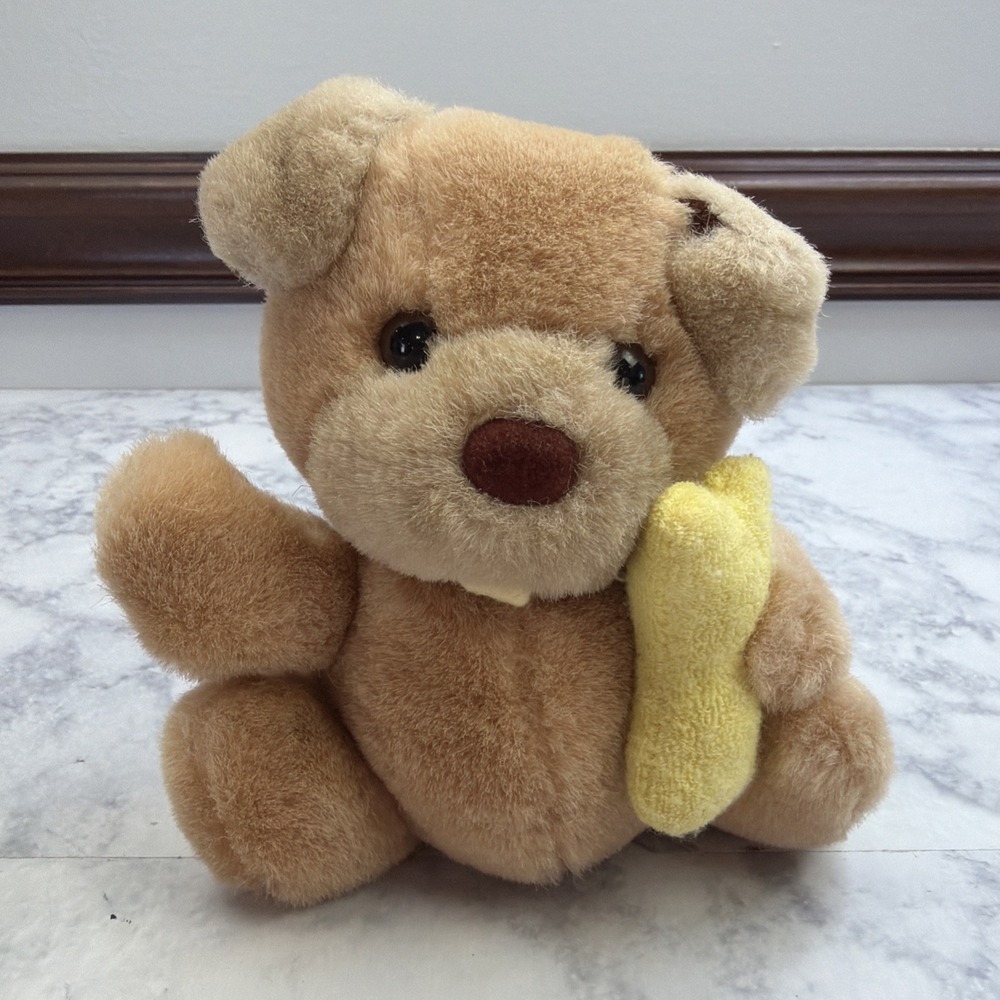 VTG Russ Berrie Taffy Puppy Plush Dog w/ Bone Stuffed Animal Brown 5" Soft Toy